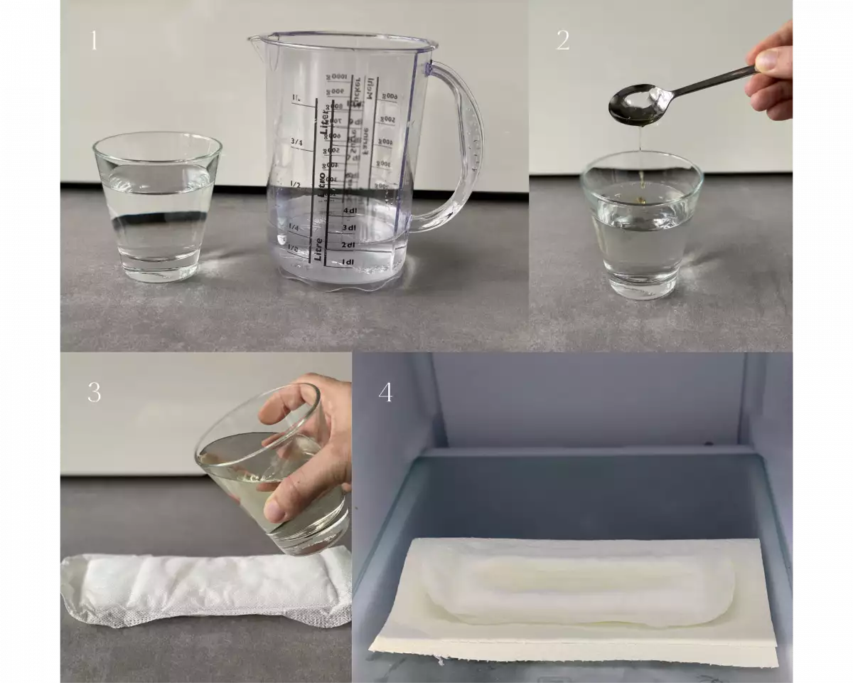 Das Foto ist eine Collage, die die Herstellung einer Eisbinde demonstriert. Das erste Bild zeigt ein Glas Wasser und einen Messbecher. Das zweite zeigt ein Glas Wasser, in das ein Teelöffel einer Essenz gegeben wird. Das dritte zeigt eine Wochenbetteinlage und das Glas mit dem Wasser und der Essenz, die darauf gegeben werden. Das vierte zeigt die getränkte Wochenbetteinlage auf einem gefalteten Küchenpapier im Gefrierfach. 